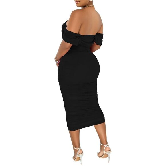 Women Ruched Off Shoulder Bodycon Midi Dress Elegant Party Slip On - Picture 4 of 4